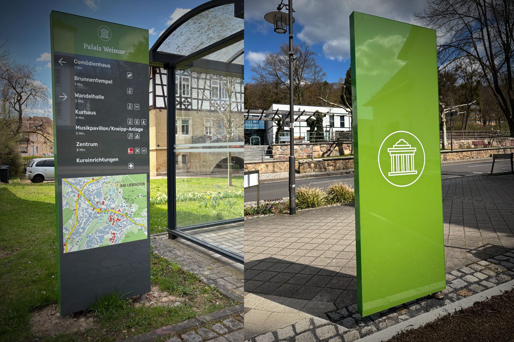 Doppelseitige Stele mit Wegweiser und Stadtkarte in Bad Liebenstein