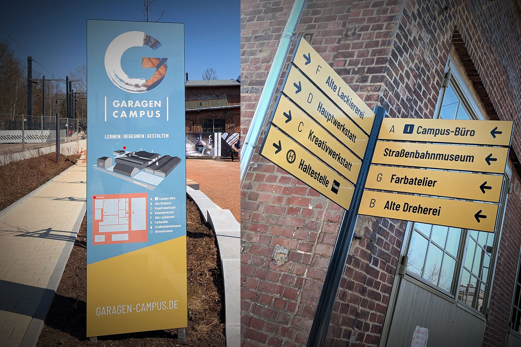 Übersichtstafel und Wegweiser am Garagen-Campus mit Lageplan und Piktogrammen