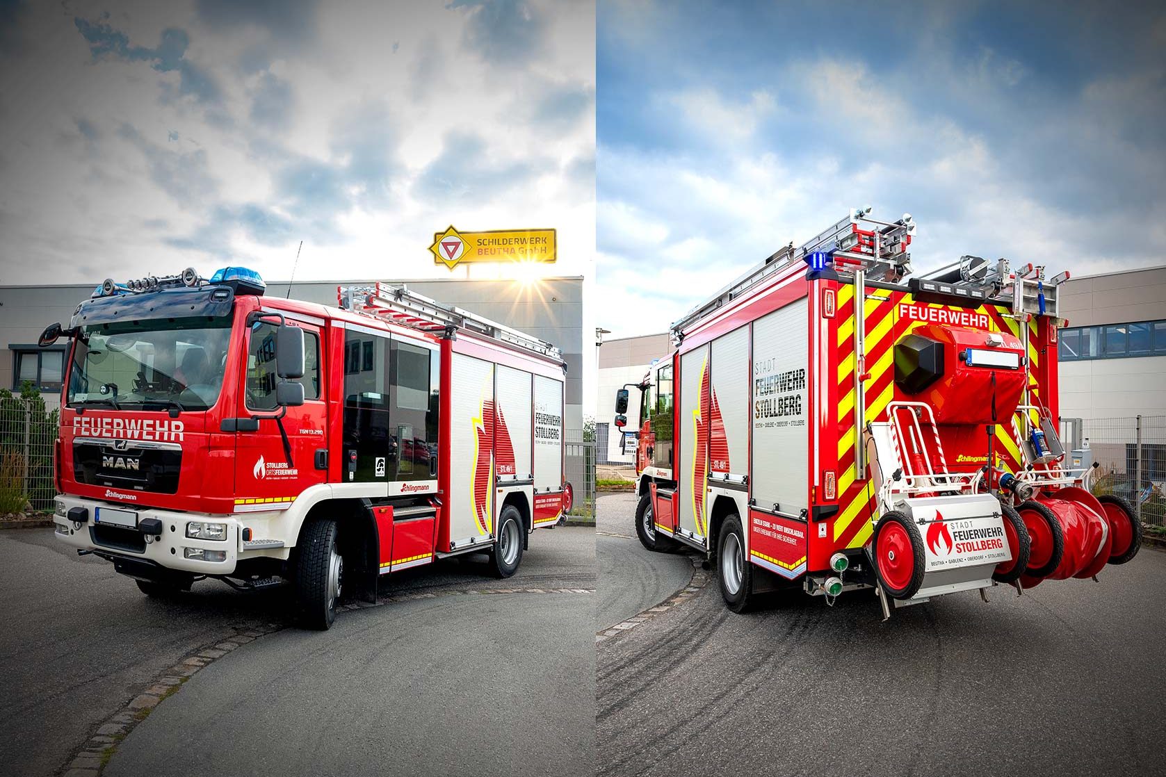 Löschfahrzeug der Feuerwehr Stollberg mit individuell gestalteter Fahrzeugbeklebung und rotem Rollcontainer.
