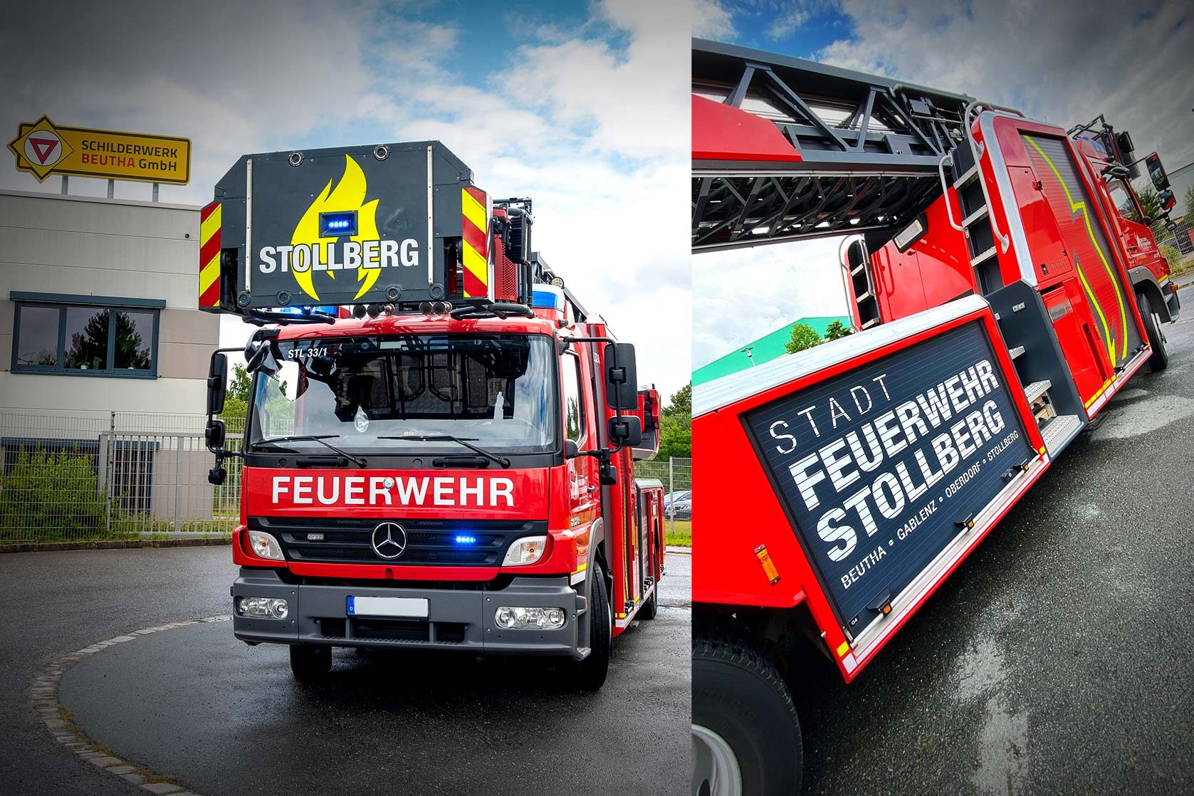 Feuerwehr-Drehleiter mit Beschriftung „Feuerwehr Stollberg“ vor dem Gebäude der Schilderwerk Beutha GmbH.
