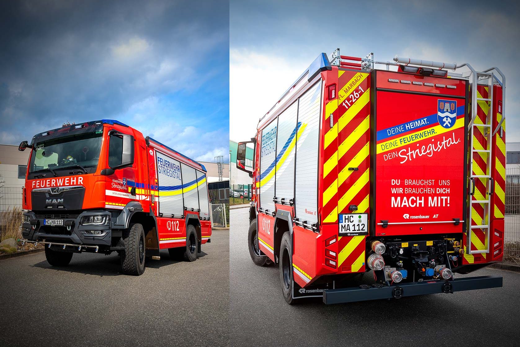 Feuerwehrfahrzeug mit Schriftzug „Deine Feuerwehr. Dein Stiegistal.“ und Aufruf zur Mitarbeit.