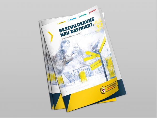 Broschüre mit skizzenhaftem Stadtbild und gelben Wegweisern auf dem Titel.