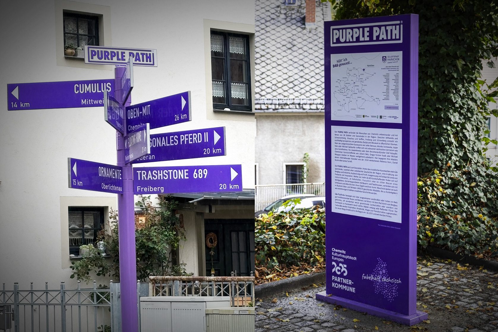 Lila Wegweiser und Informationsstele des Purple Path Kunstpfads in Sachsen