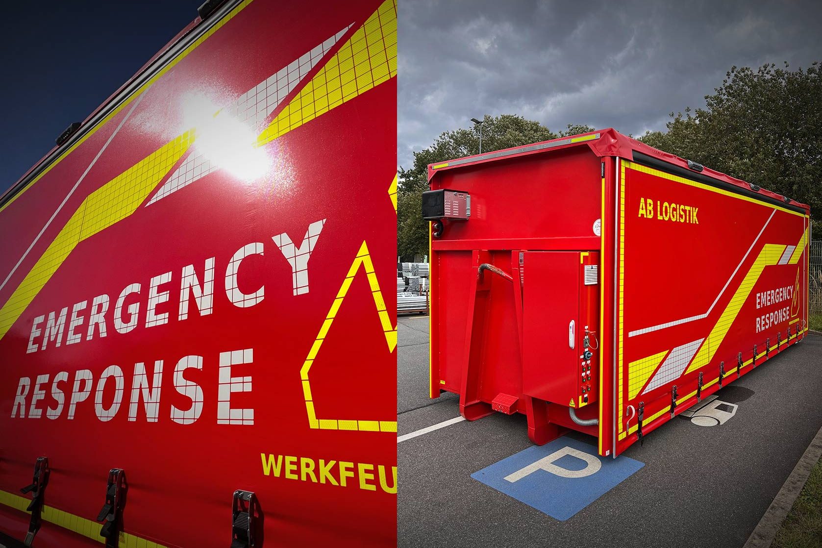 Folierung SW/DE/SIGN 2 Werkfeuerwehr-Container mit reflektierender Beschriftung „Emergency Response“ und Logistikkennzeichnung
