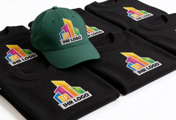 Grüne Cap und schwarze Sweatshirts mit farbiger Logo-Stickerei, als Set präsentiert.