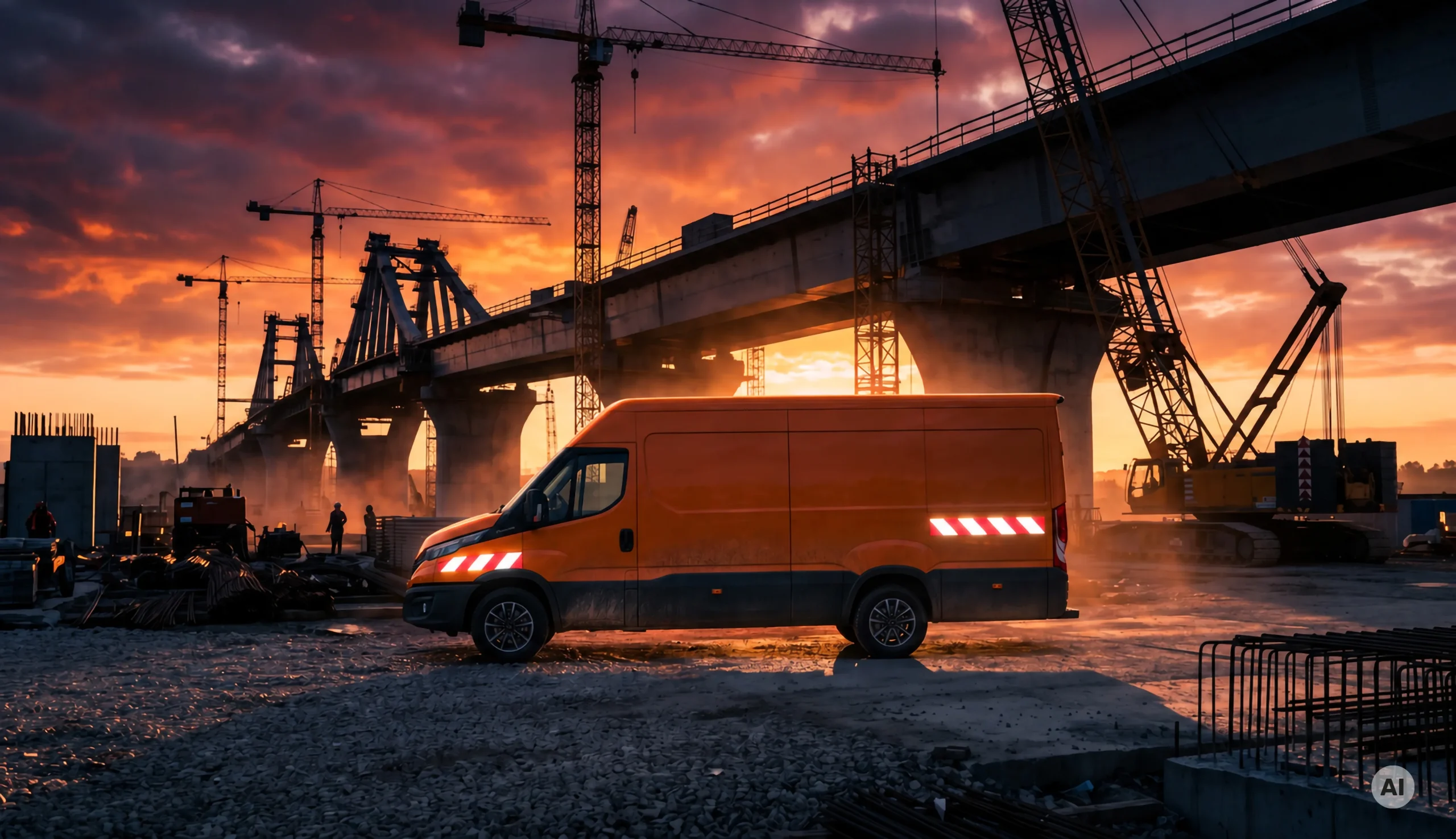Orangefarbener Transporter mit rot-weißer reflektierender Warnmarkierung an Front und Seite auf einer Brückenbaustelle.