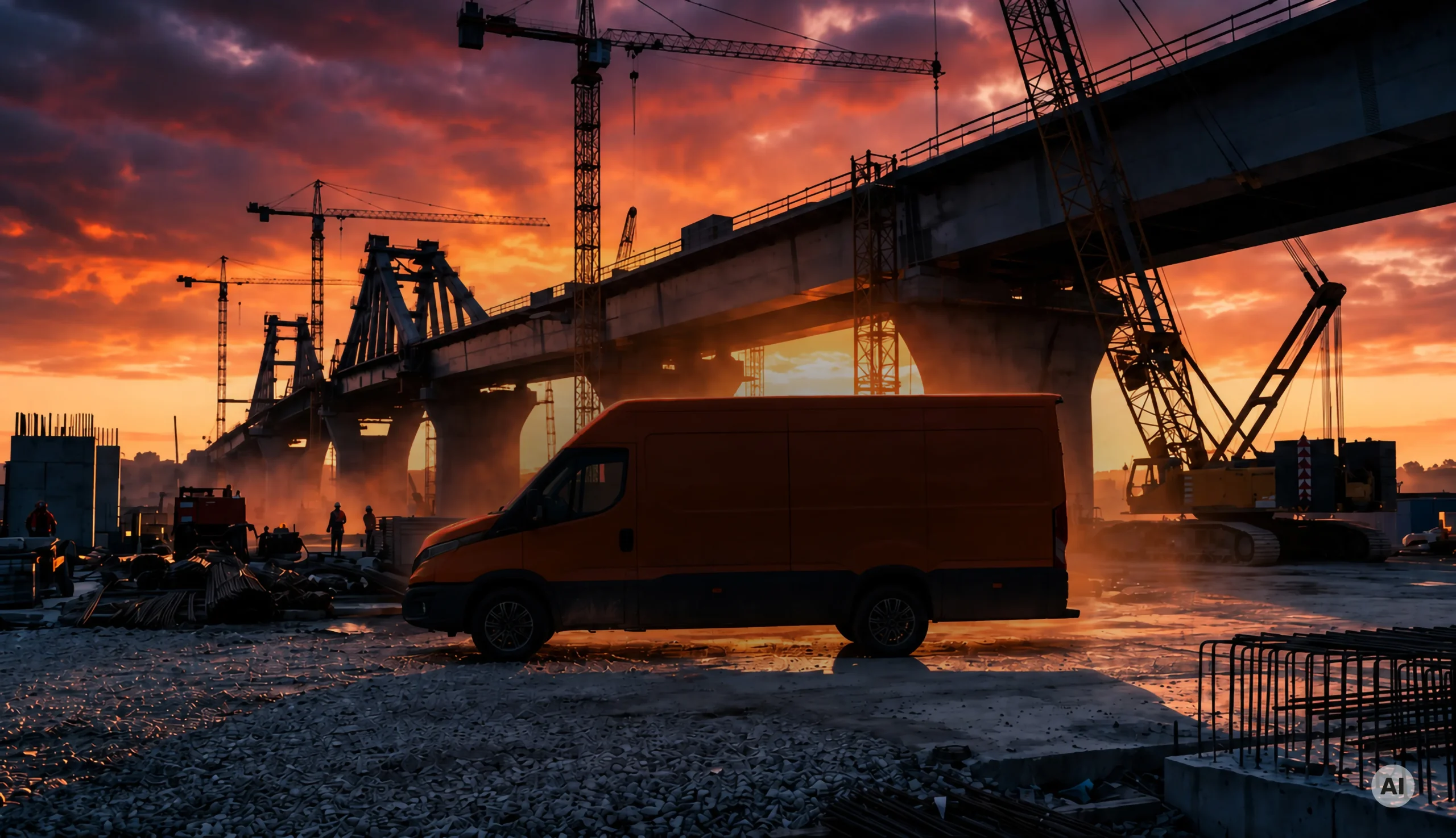 Orangefarbener Transporter ohne reflektierende Warnmarkierung auf einer Brückenbaustelle bei Sonnenuntergang.