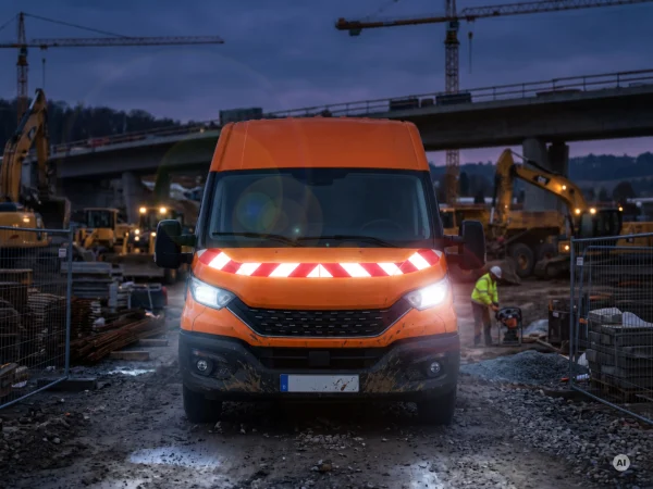 Orangefarbener Baustellentransporter mit rot-weißer reflektierender Warnmarkierung an der Front und eingeschalteten Scheinwerfern.