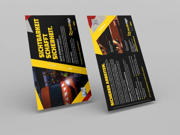 Vorder- und Rückseite eines SW/DE/SIGN-Flyers über reflektierende Warnmarkierungen für Arbeitsfahrzeuge.